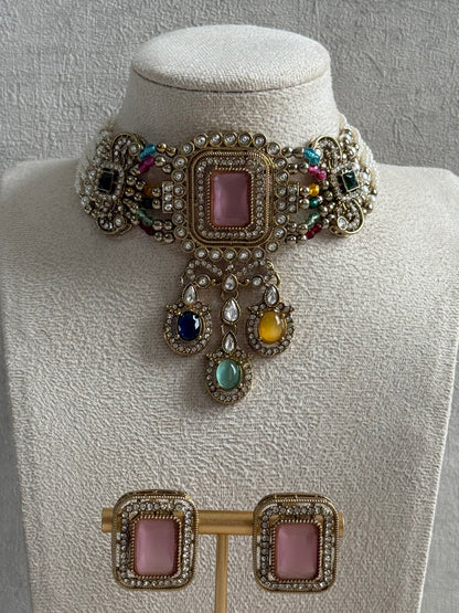 Ayura Designs Nabiha Choker Set with Studs – Blush Pink & Multicolour Stones, Pearl Detailing & Antique Gold Finish