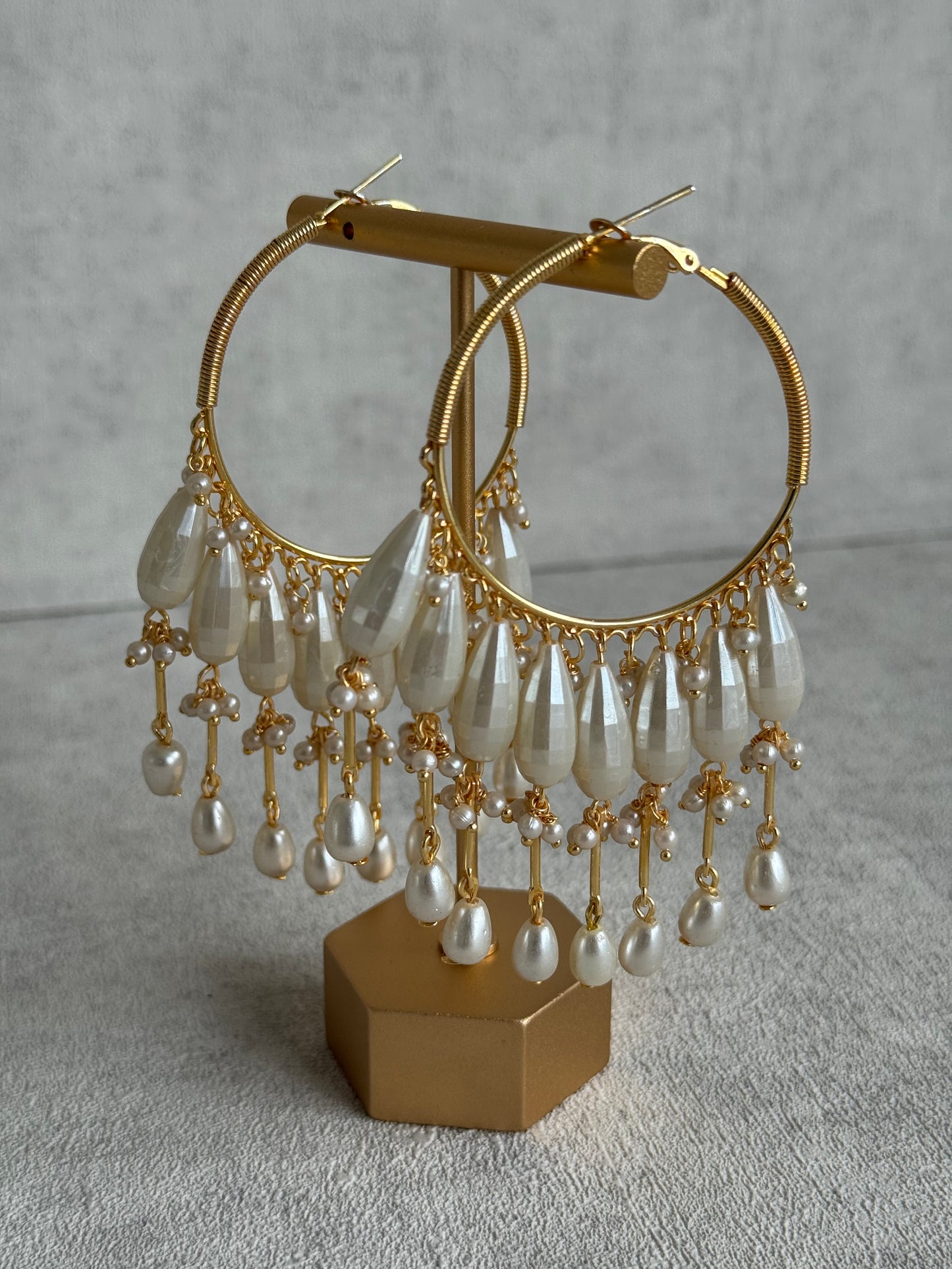 Ayura Designs Emery Balis – Gold Hoop Earrings with Faceted Pearl Drops & Fringe Detailing