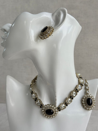 Ayura Designs Inza Necklace Set – Black Stones, Kundan & Crystals with Antique Gold Finish