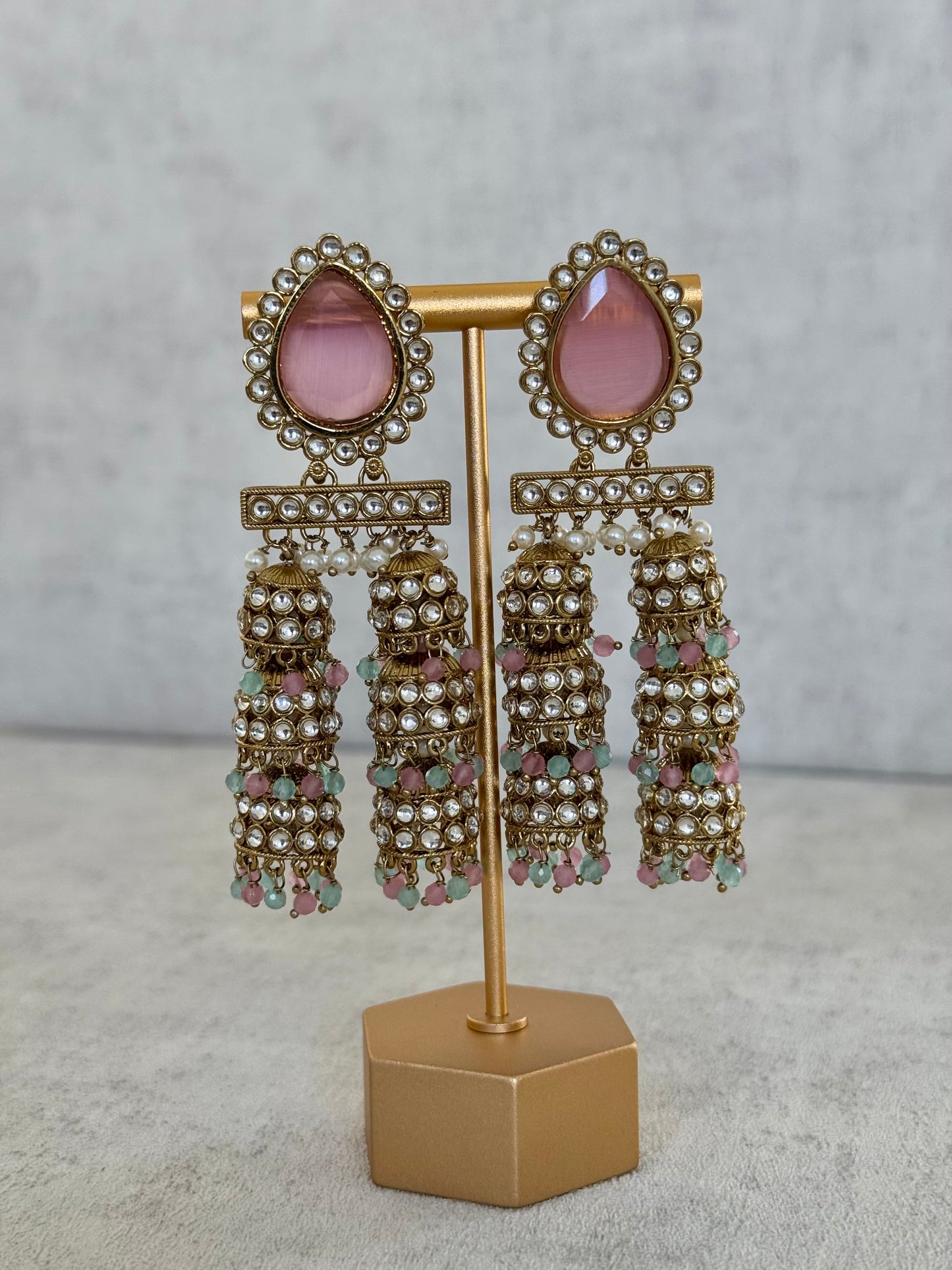 Ayura Designs Kyra Earrings – Pink & Gold Jhumkas with Kundan, Pearl, and Pastel Green & Pink Bead Detailing