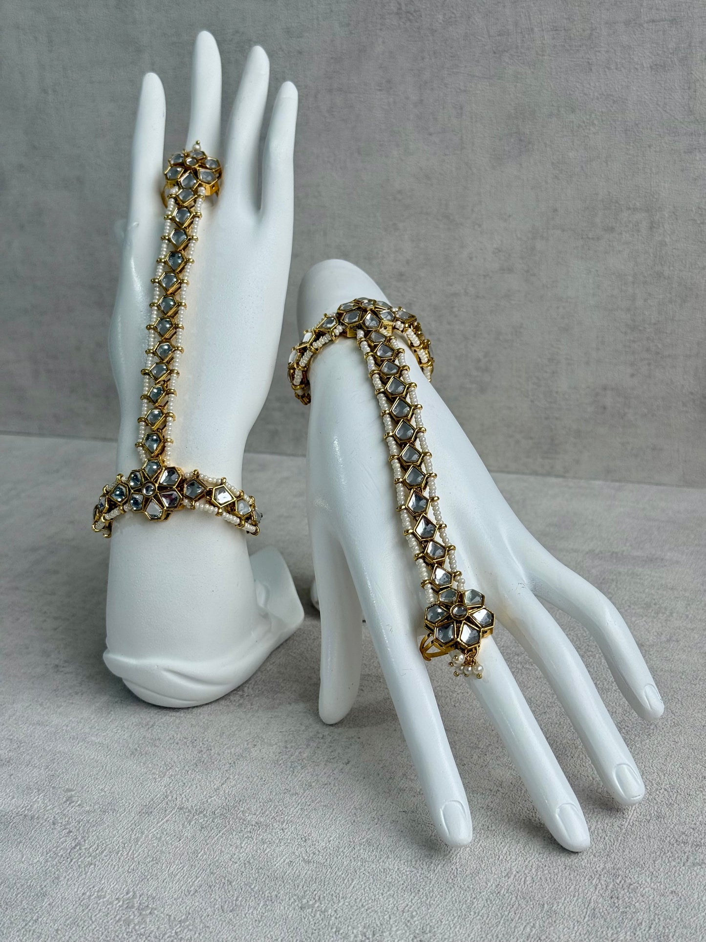 Ayura Designs Yara Haathphool – Mirror-Cut Stones with Pearl Bead Detailing in Antique Gold Finish