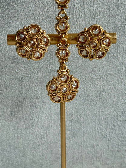 Ayura Designs Amala Set with Necklace, Studs & Tikka – Mirror-Cut Stones in Antique Gold Finish