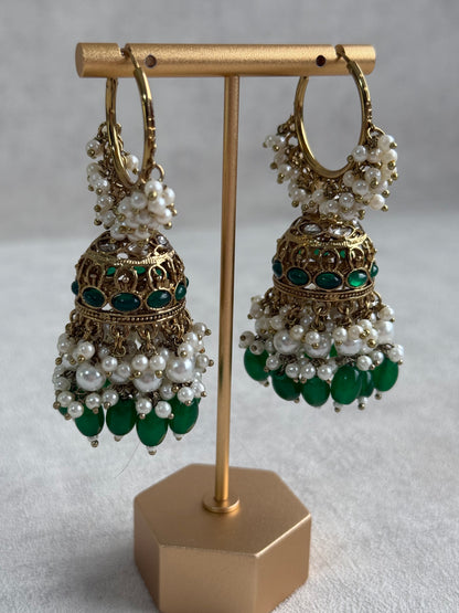 Ayura Designs Jugni Jhumkis – Antique Gold Balis with Emerald Beads & Pearl Clusters