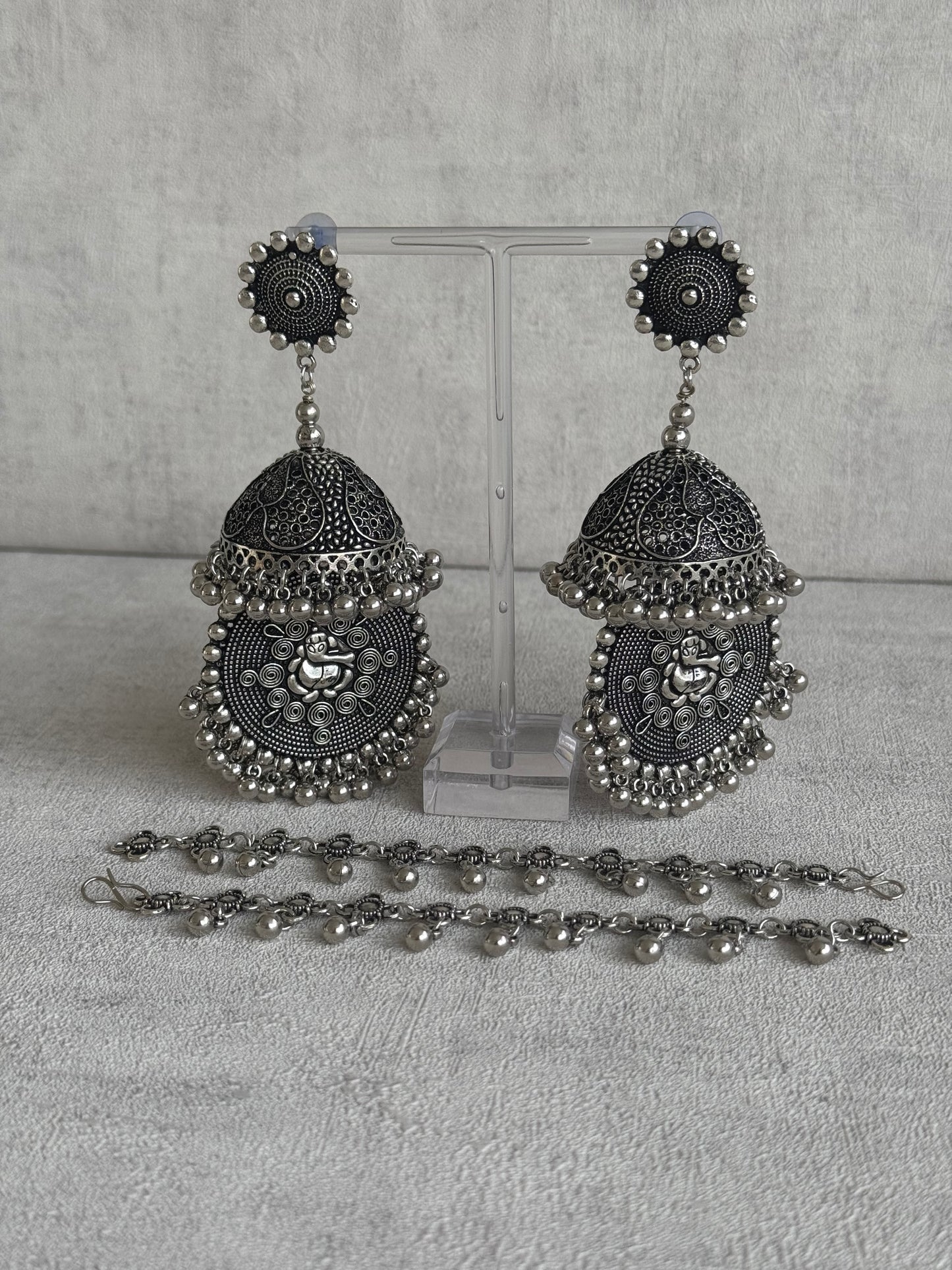 Ayura Designs Kashish Earrings – Oxidised Silver with Lord Ganesh Motif, Dome Jhumkas & Matching Sahare