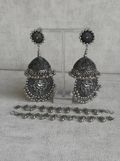 Ayura Designs Kashish Earrings – Oxidised Silver with Lord Ganesh Motif, Dome Jhumkas & Matching Sahare