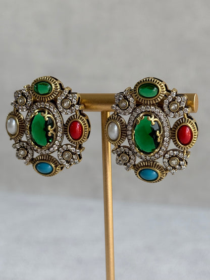Ayura Designs Celia Stud Earrings – Emerald Green & Multicolour Stones with Gold Finish