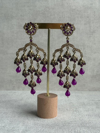 Ayura Designs Jasmine Earrings – Chandelier Earrings with Berry Purple Beads & Antique Gold Finish