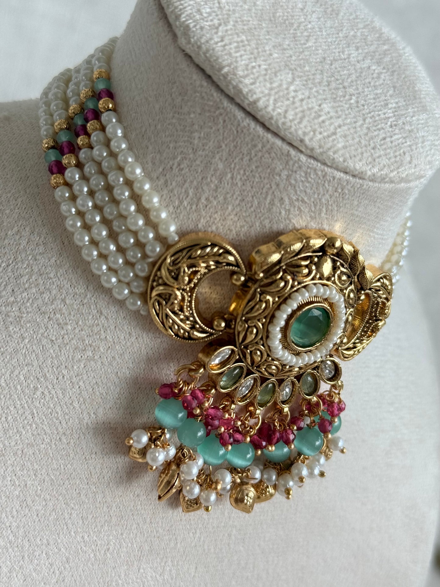 Ayura Designs Mehr Choker Set with Earrings & Tikka – Mint Green Stones, Ruby Pink Beads, Pearl Strands & Antique Gold Finish
