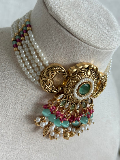 Ayura Designs Mehr Choker Set with Earrings & Tikka – Mint Green Stones, Ruby Pink Beads, Pearl Strands & Antique Gold Finish