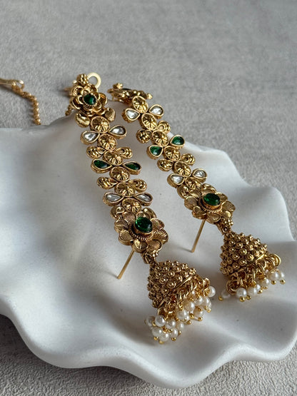 Ayura Designs Keerti Jhumkis – Antique Gold Kannauti Earrings with Emerald Green Stones, Mirror-Cut Detailing & Pearl Drops
