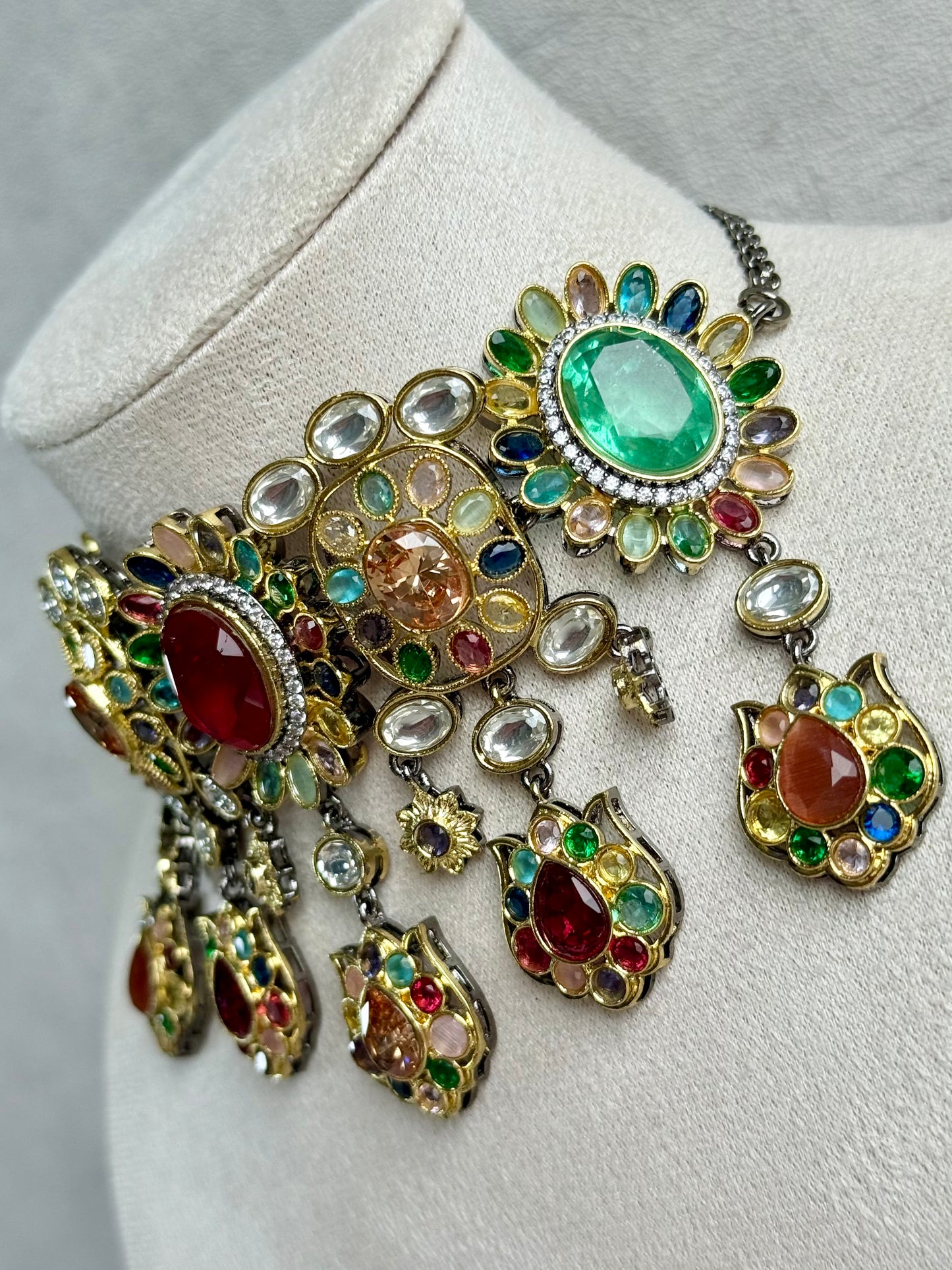 Ayura Designs Verity Choker Set with Earrings – Multicolour Stones, Crystal Accents & Antique Silver Finish