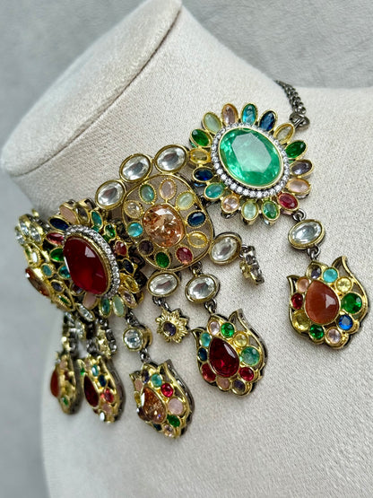 Ayura Designs Verity Choker Set with Earrings – Multicolour Stones, Crystal Accents & Antique Silver Finish