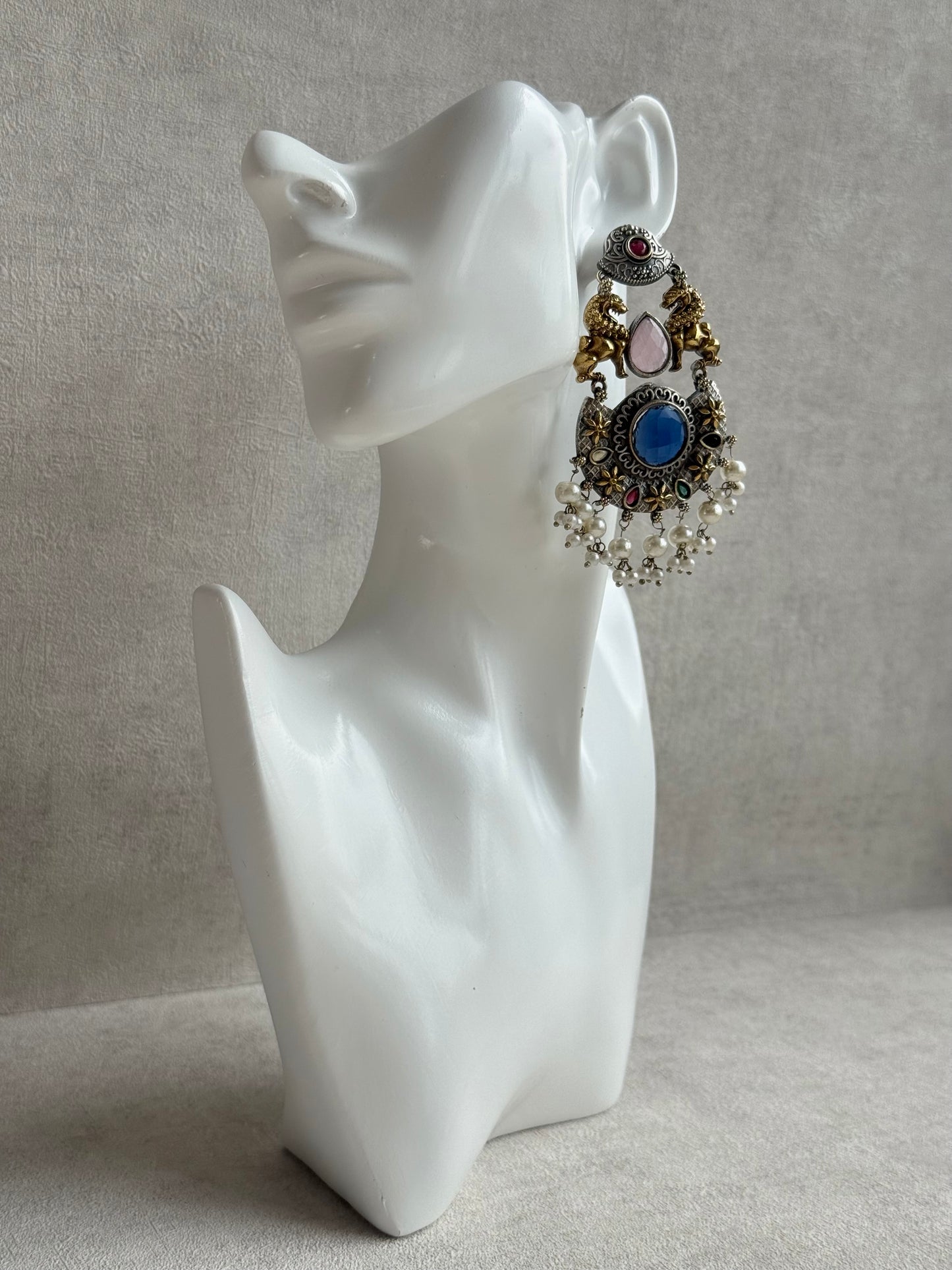 Ayura Designs Aangan Earrings – Dual Tone Oxidised Statement Earrings with Multicolour Stones & Pearl Clusters