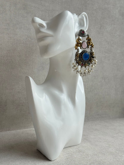 Ayura Designs Aangan Earrings – Dual Tone Oxidised Statement Earrings with Multicolour Stones & Pearl Clusters