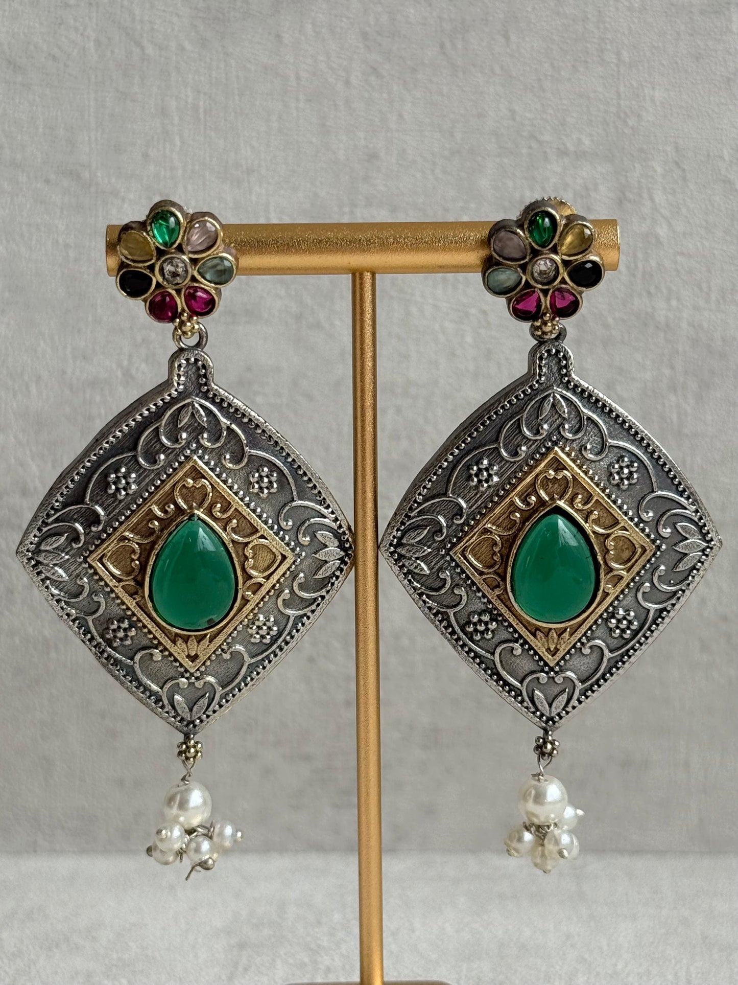 Ayura Designs Paayal Set with Earrings – Dual Tone Oxidised Necklace Set with Multicolour Stones & Pearl Clusters