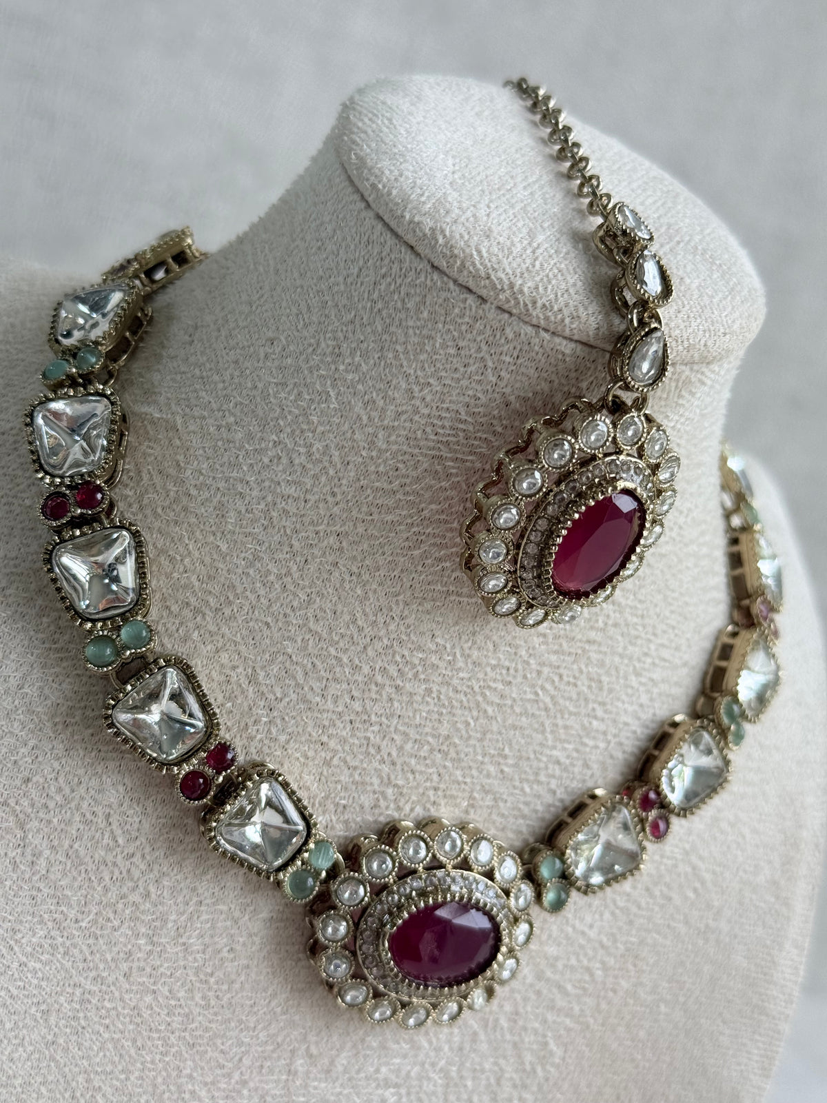 Ayura Designs Inza Necklace Set – Rani Pink & Mint Green Stones, Kundan & Crystals with Antique Gold Finish