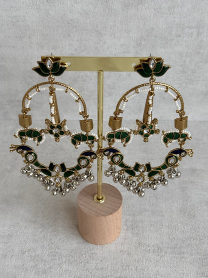Ayura Designs Zoonpari Earrings – Emerald Green & Blue Meenakari Peacock Chandeliers in Dual Tone with Ghungroos