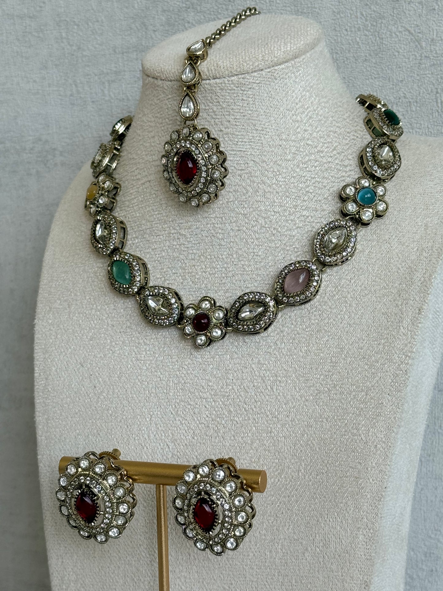 Ayura Designs Ivy Necklace Set with Studs & Tikka – Multicolour Kundan Detailing