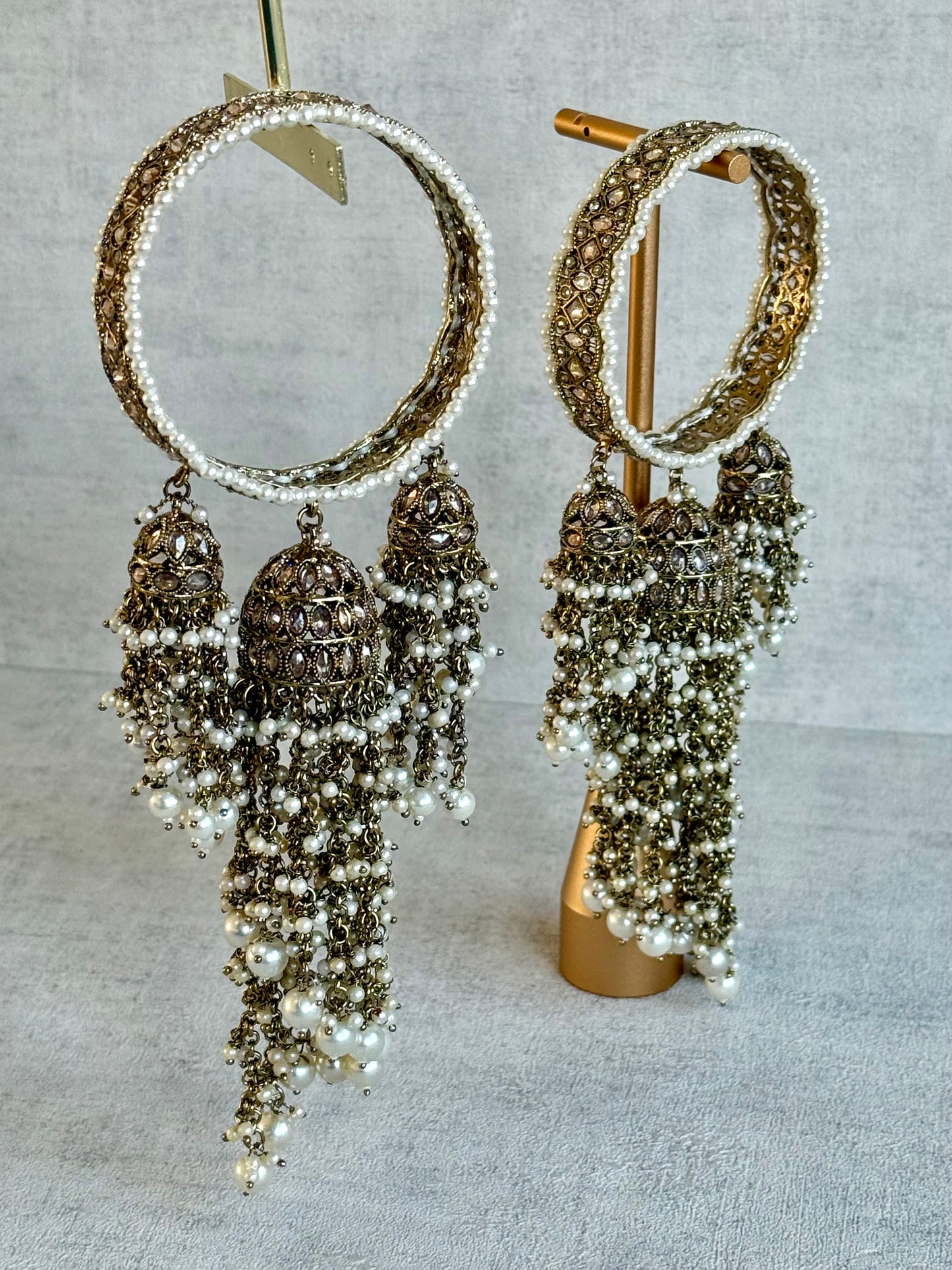 Ayura Designs Arsh Kangan – Pearl Studded Statement Bangles with Jhumki Tassels