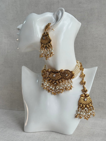 Ayura Designs Sairish Choker Set with Earrings & Tikka – Ivory Beads, Pearl Detailing, Ghungroos, Paisley Motifs & Antique Gold Finish