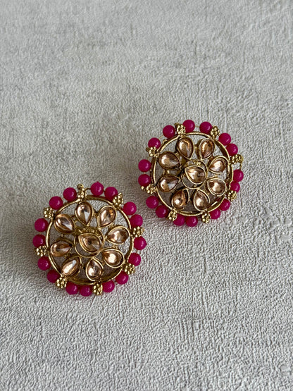 Ayura Designs Hala Set with Tikka & Studs – Magenta Beads & Champagne Kundan
