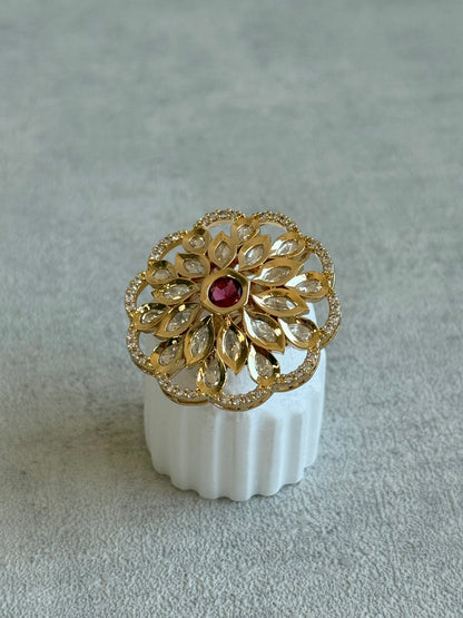 Ayura Designs Elisa Adjustable Ring – Moissanite Floral Ring with Rani Pink Centre & Crystal Border