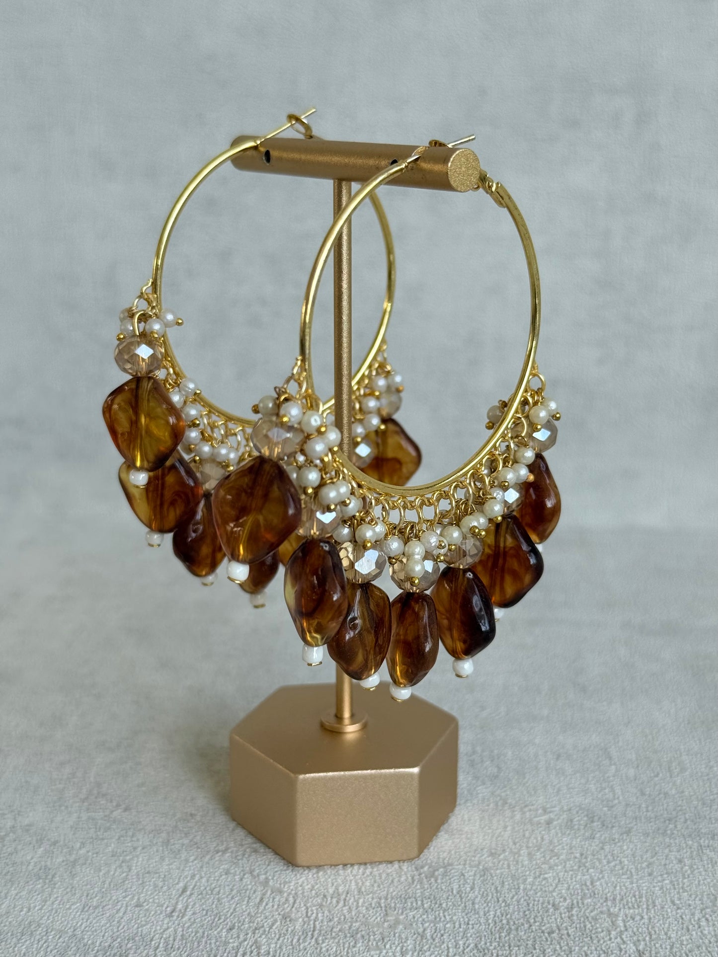 Ayura Designs Heer Balis – Gold Hoops with Smokey Amber Marble Beads, Pearls & Crystal Detailing