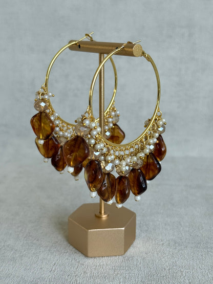 Ayura Designs Heer Balis – Gold Hoops with Smokey Amber Marble Beads, Pearls & Crystal Detailing