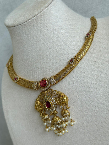 Ayura Designs Wadha Collar Necklace Set with Earrings – Gold Elephant Pendant & Ruby Red Stone Detailing