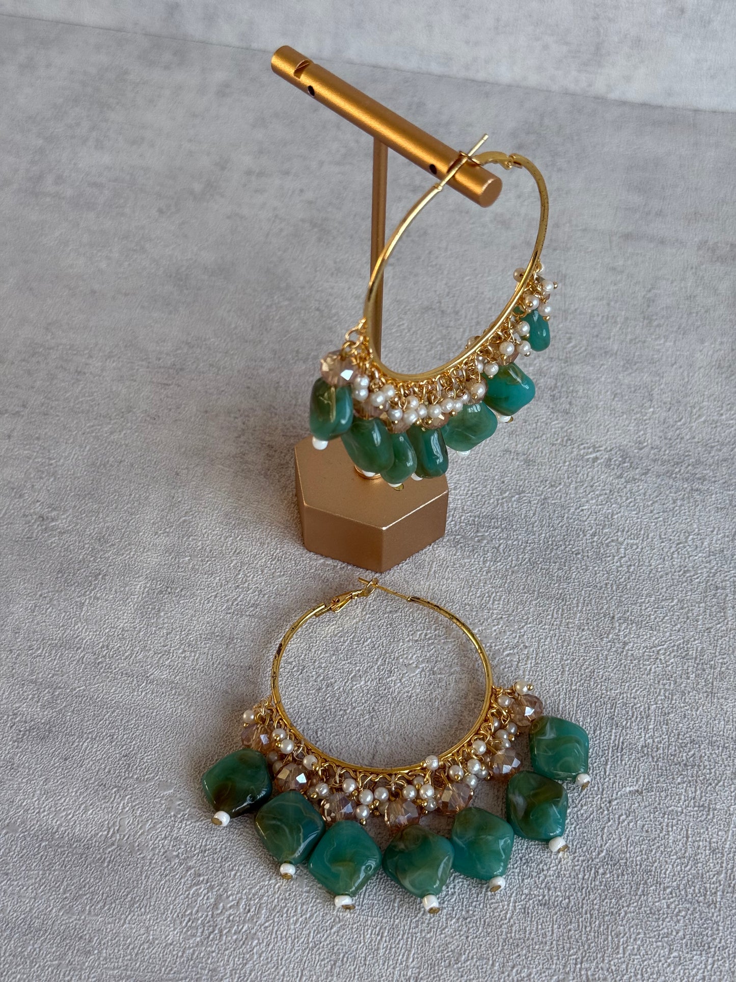 Ayura Designs Heer Balis – Gold Hoops with Jade Green Marble Beads, Pearls & Crystal Detailing