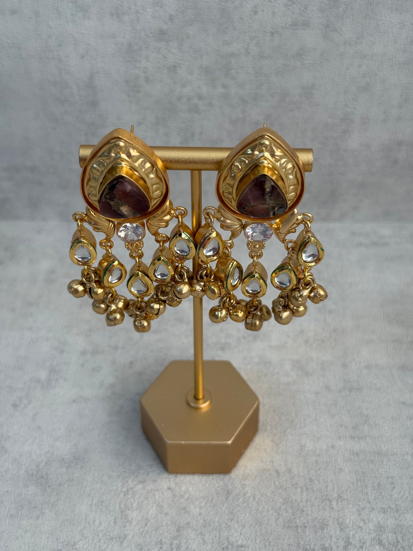 Ayura Designs Arheer Earrings – Brown Marble with Kundan Detailing & Antique Gold Ghungroos