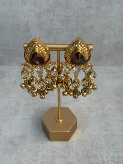 Ayura Designs Arheer Earrings – Brown Marble with Kundan Detailing & Antique Gold Ghungroos