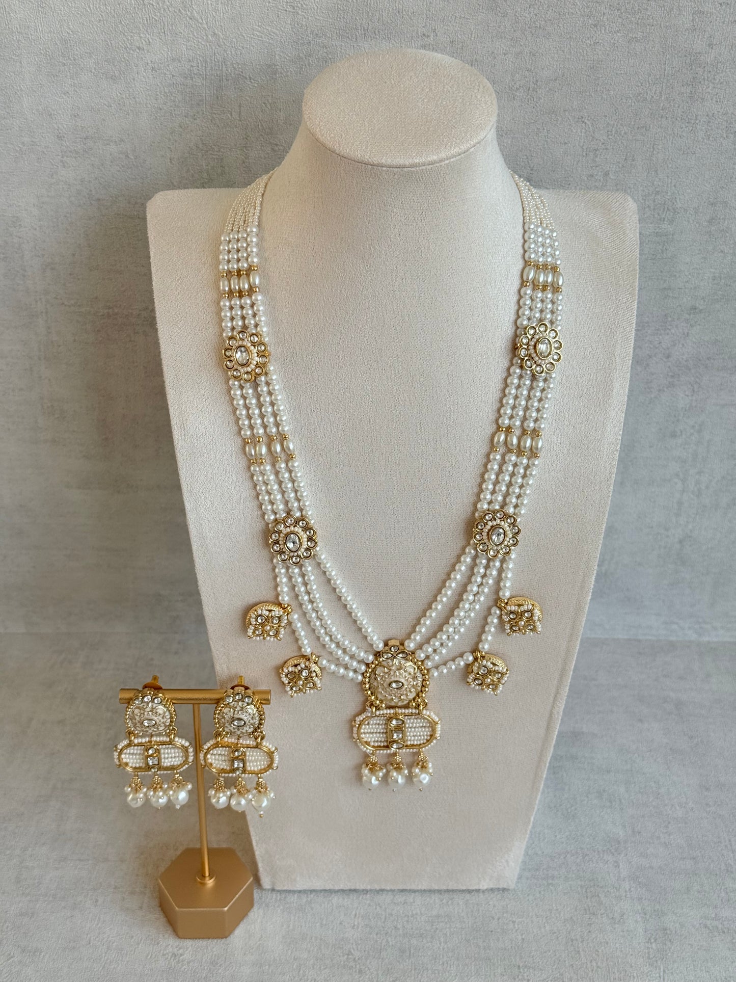 Ayura Designs Krisa Necklace Set with Earrings – Long Kundan Necklace with Pearl Strands & Gold Detailing