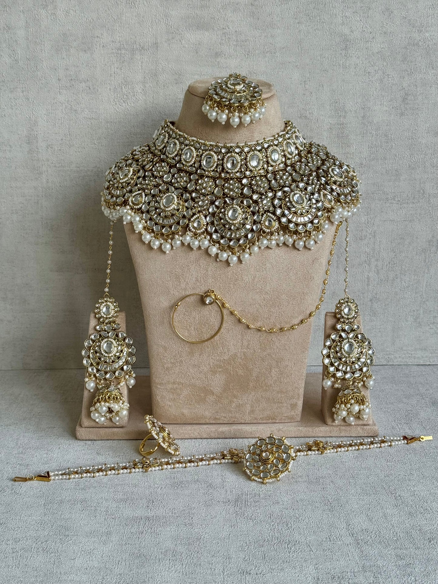 Ayura Designs Meherbano Bridal Set with Necklace, Jhumkis, Tikka, Nath, Ring & Sheeshphool – Mirror-Cut Stones with Pearl Detailing