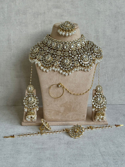 Ayura Designs Meherbano Bridal Set with Necklace, Jhumkis, Tikka, Nath, Ring & Sheeshphool – Mirror-Cut Stones with Pearl Detailing