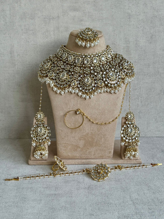 Ayura Designs Meherbano Bridal Set with Necklace, Jhumkis, Tikka, Nath, Ring & Sheeshphool – Mirror-Cut Stones with Pearl Detailing
