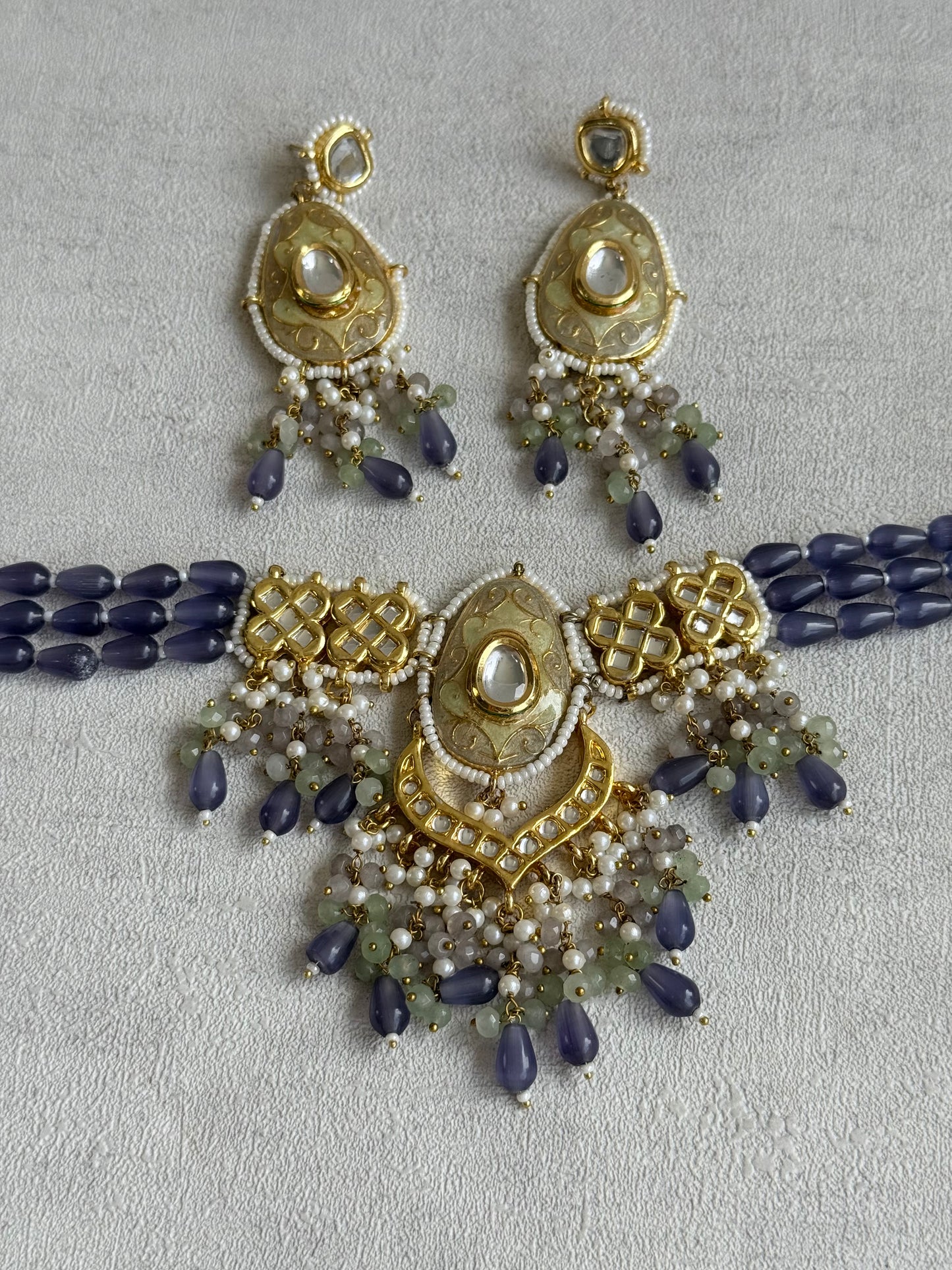 Ayura Designs Zarwali Meenakari Kundan Choker Set with Earrings – Dusty Lavender & Pearl Bead Detailing
