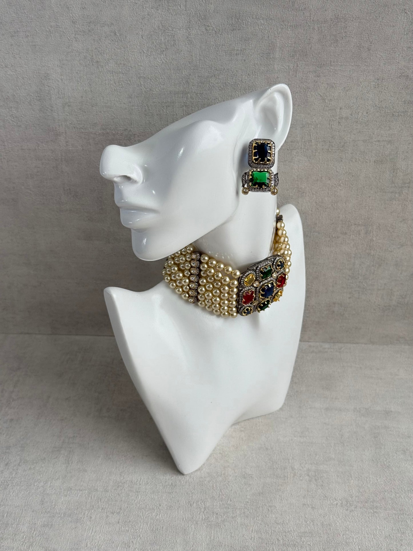 Ayura Designs Amelia Choker Set with Earrings – Moissanite Stonework with Layered Pearls in Antique Silver Finish (Deep Jewel Tones)