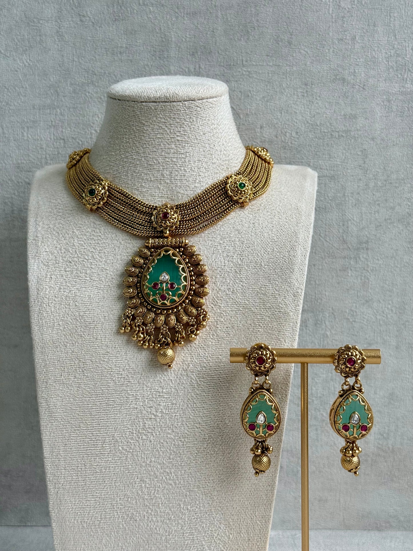 Ayura Designs Ishani Set – Necklace & Earrings with Antique Gold Finish, Pistachio Enamel, Ruby & Polki Detailing