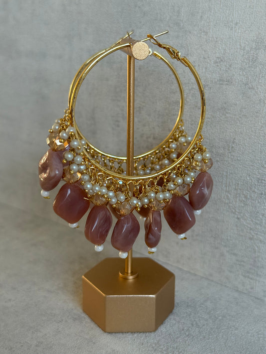 Ayura Designs Heer Balis – Gold Hoops with Dusty Rose Marble Beads, Pearls & Crystal Detailing