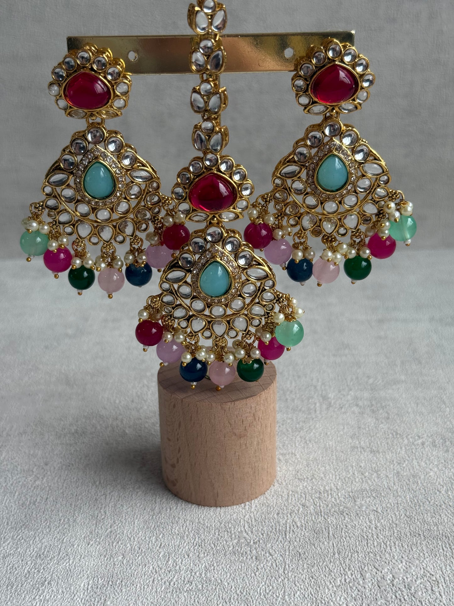 Ayura Designs Javeria Set with Earrings & Tikka – Multicolour Beads, Mirror Kundan & Gold Finish