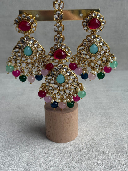 Ayura Designs Javeria Set with Earrings & Tikka – Multicolour Beads, Mirror Kundan & Gold Finish