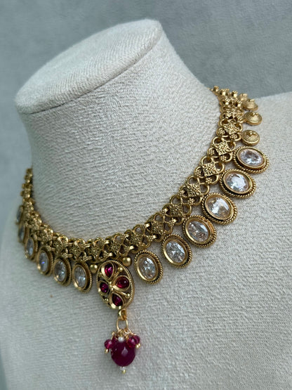 Ayura Designs Perniya Set with Necklace & Earrings – Mirror-Cut Stones with Rani Pink Accents in Antique Gold Finish