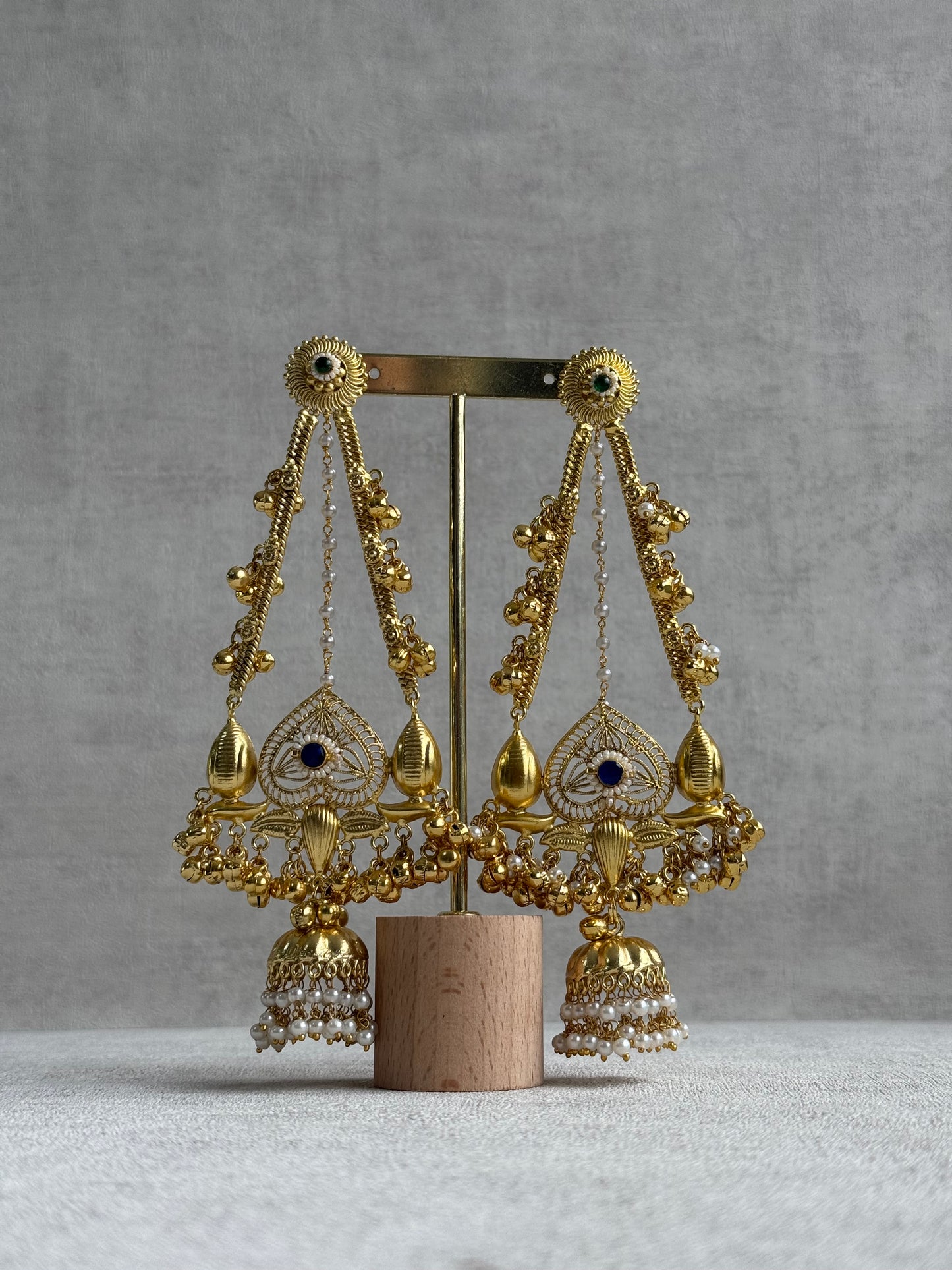 Ayura Designs Teja Earrings – Antique Gold Jhumkis with Blue Stone & Pearl Detailing