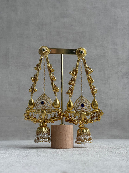 Ayura Designs Teja Earrings – Antique Gold Jhumkis with Blue Stone & Pearl Detailing