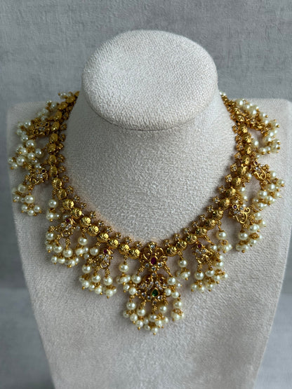 Ayura Designs Tanvi Set – Antique Gold Necklace & Earrings with Kundan, Ruby, Emerald & Pearl Detailing