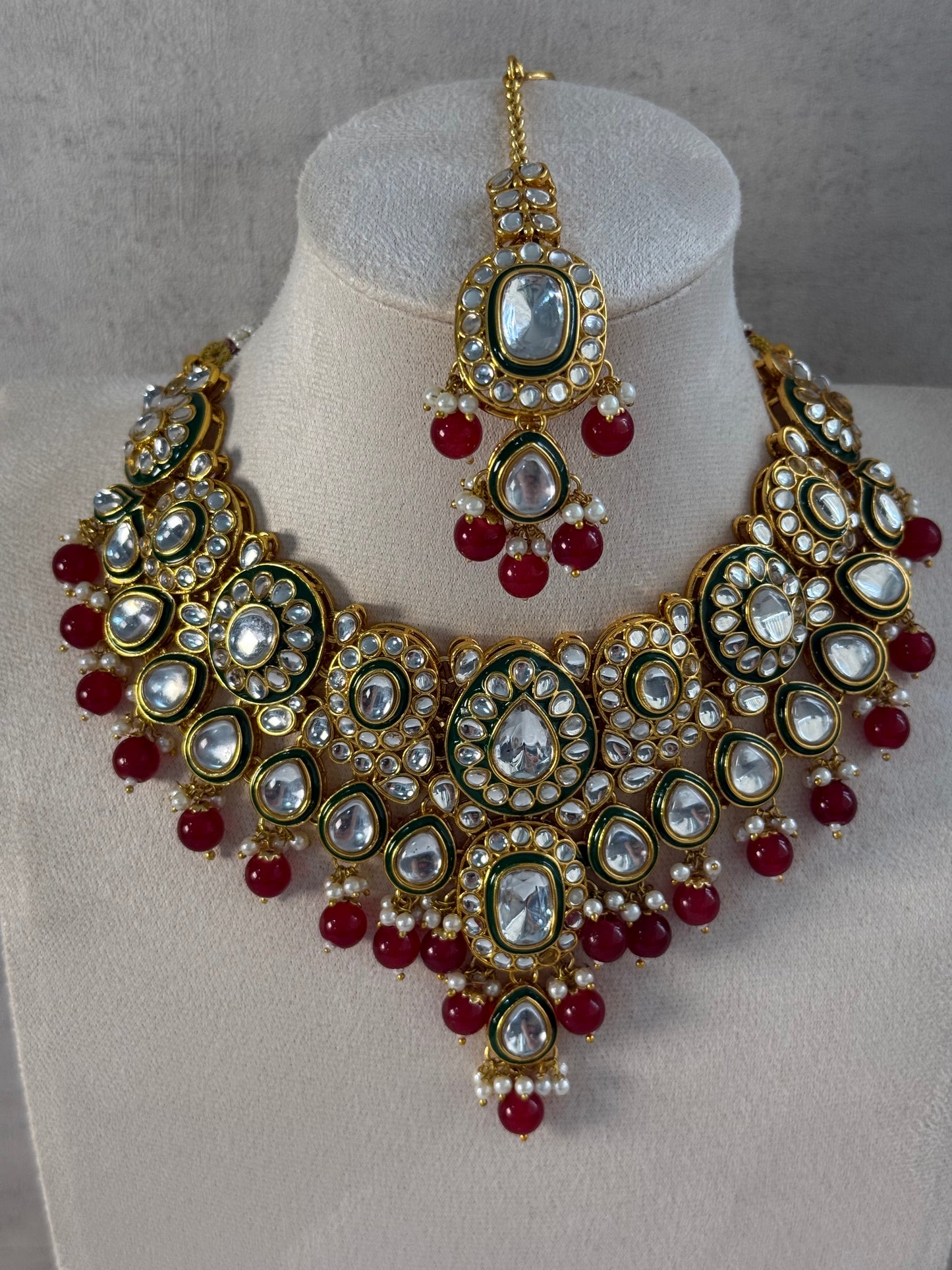 Ayura Designs Jashan Set with Necklace, Earrings, Tikka & Passa – Kundan Detailing, Pearl Drops & Ruby Red Beads