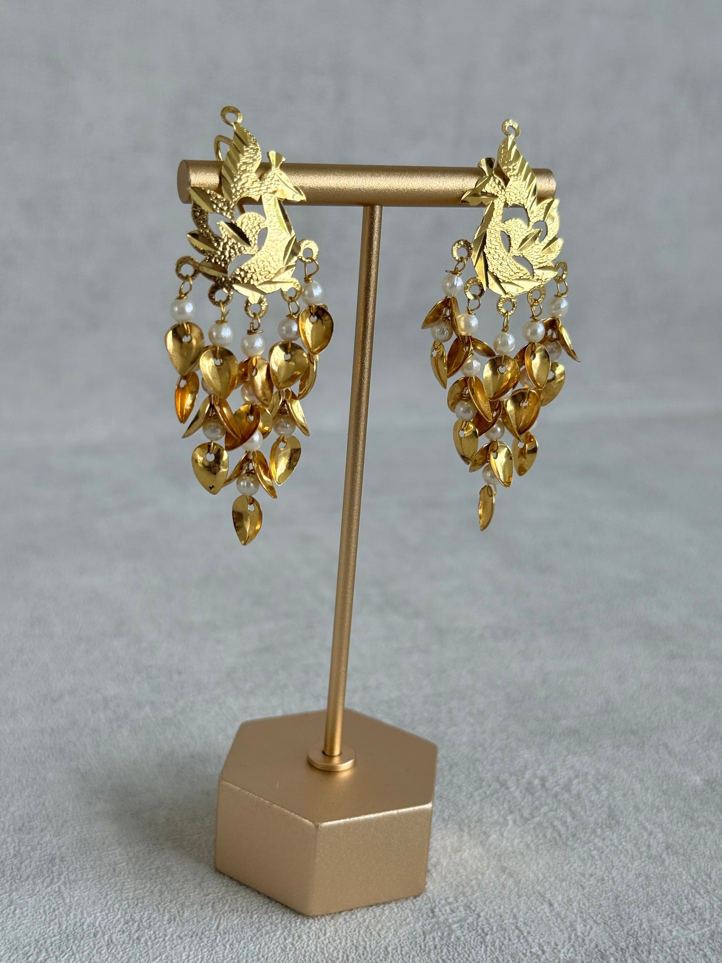 Ayura Designs Patari Earrings – Gold Peacock Pipal Patti Pearl Drop Earrings