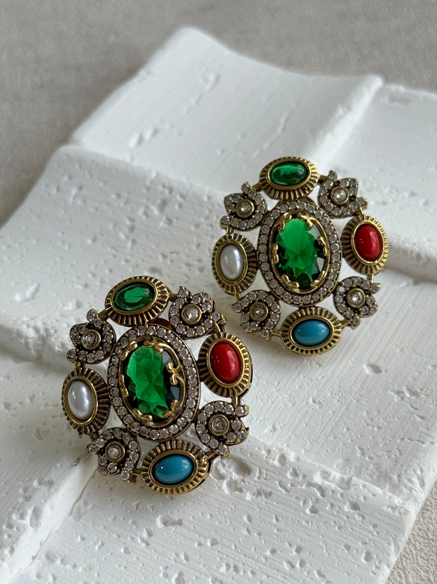 Ayura Designs Celia Stud Earrings – Emerald Green & Multicolour Stones with Gold Finish