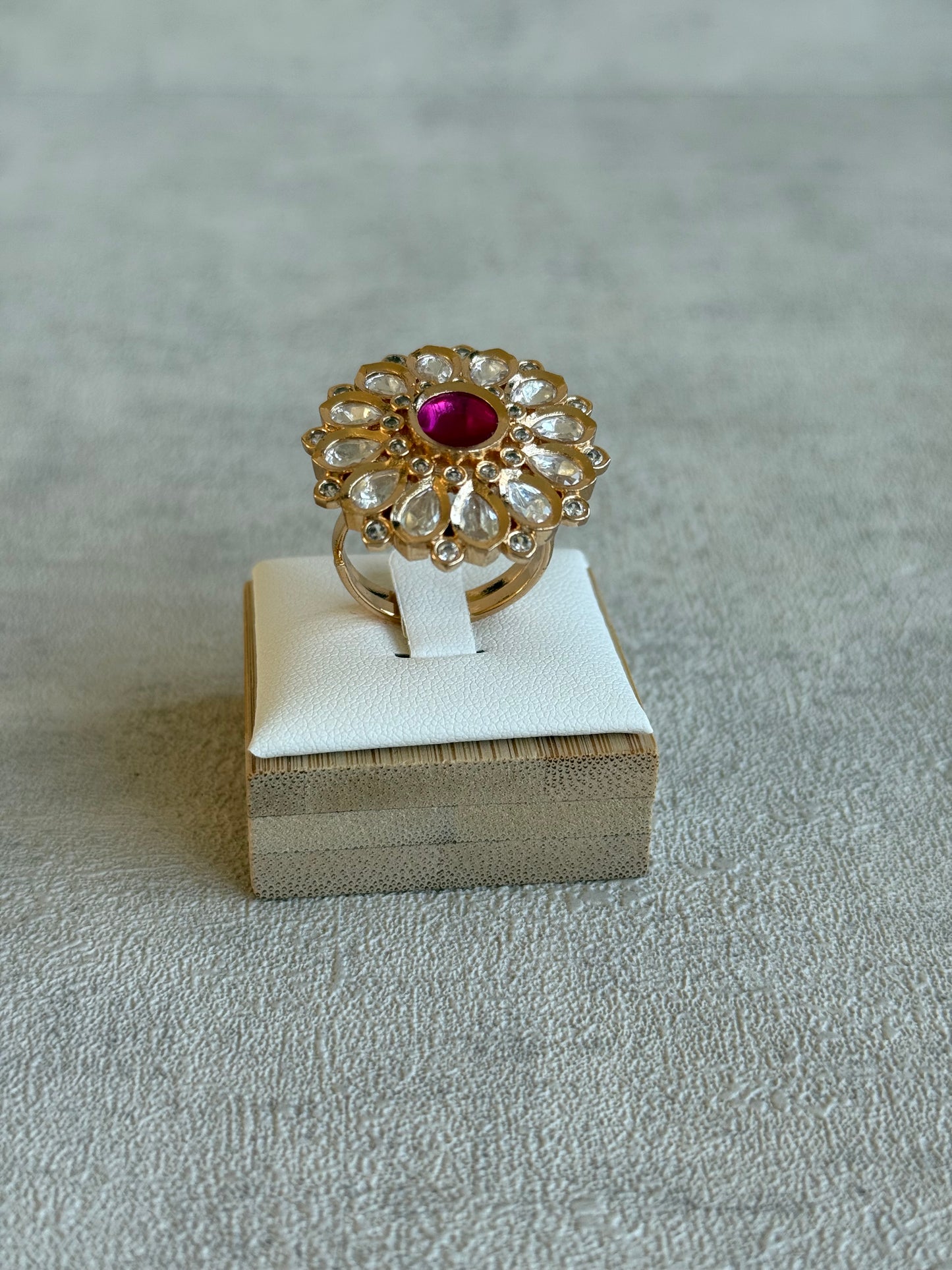 Ayura Designs Luisa Adjustable Ring – Pink Centre Stone with Crystal Petal Detailing